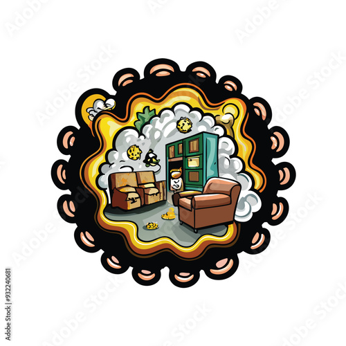 Illustration of a living room with a couch, armchair, and cabinet, surrounded by a swirling mass of yellow and orange air representing volatile organic compounds.