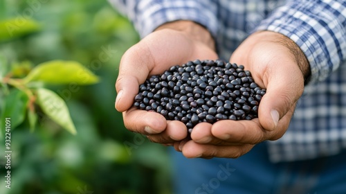 Farmer holding freshly harvested black beans in hands amidst lush green plants