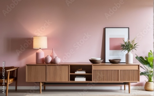 Pink lamp above wooden sideboard photo