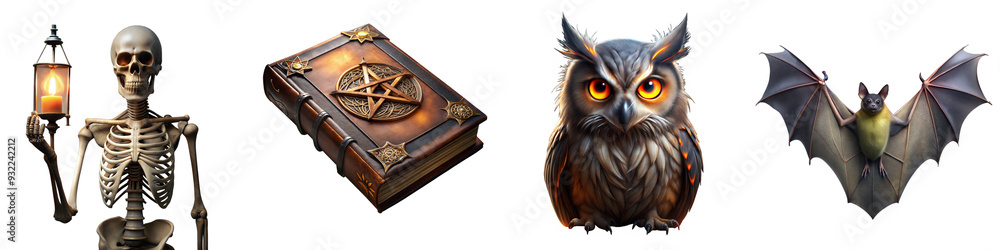 Spooky elements featuring a skeleton with lantern, magical book, mysterious owl, and bat on transparent background for halloween or fantasy themes Spooky elements featuring a skeleton with lantern, magical book, mysterious owl, and bat on transparent background for halloween or fantasy themes
