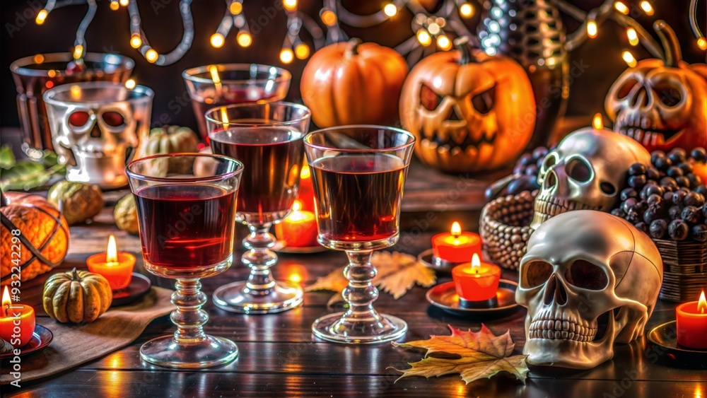 Halloween party table with drinks, candles, skulls, and pumpkins, festive decorations Halloween party table with drinks, candles, skulls, and pumpkins, festive decorations