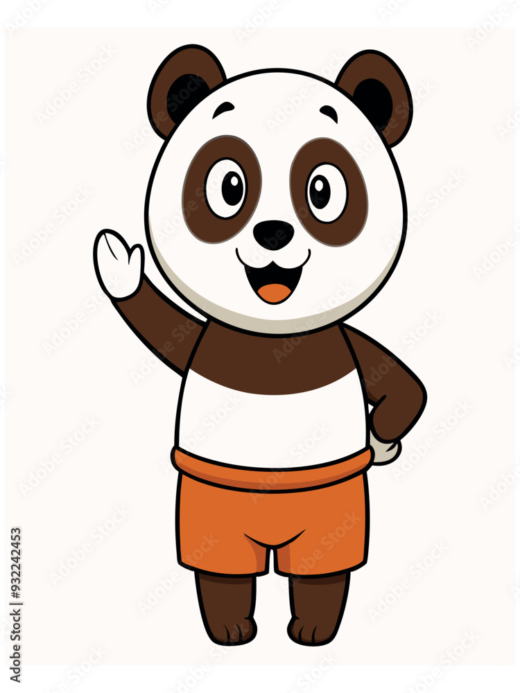 Naklejka premium a cute panda wearing brown shorts waving like saying hi