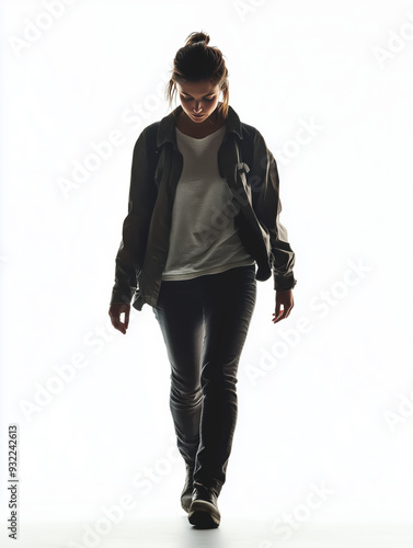 Mulher jovem caminhando com roupas casuais e mochila em fundo branco, criado por IA generativa, realçando um estilo moderno e descontraído, capturando movimento e atitude.
