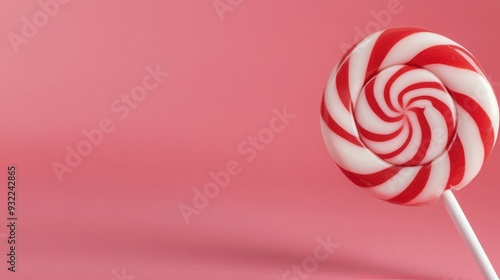 Red and white swirled lollipop against a pink background