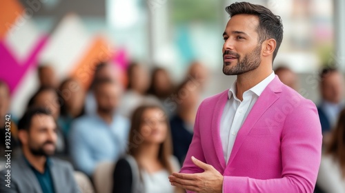 Speaker in pink blazer presents to engaged audience at indoor event