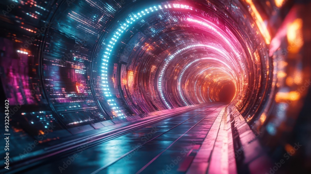 Obraz premium mesmerizing abstract futuristic tunnel with swirling neon lights in vibrant pink blue and green creating a sense of highspeed motion and data transfer through a scifi portal