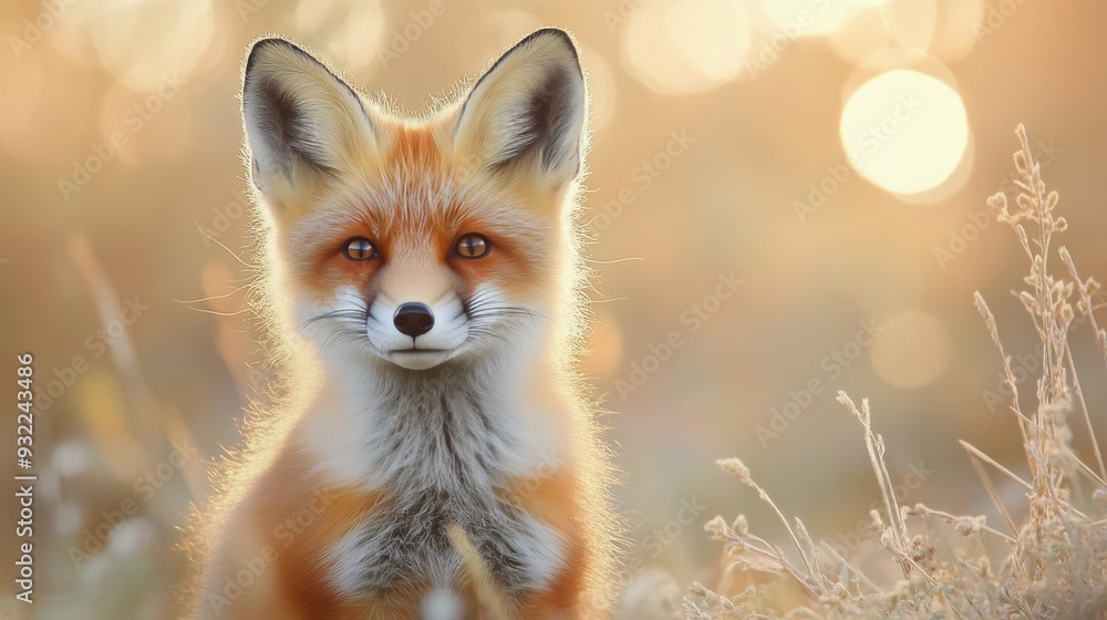 A red fox standing amidst wildflowers in a soft, golden light during early evening A red fox standing amidst wildflowers in a soft, golden light during early evening