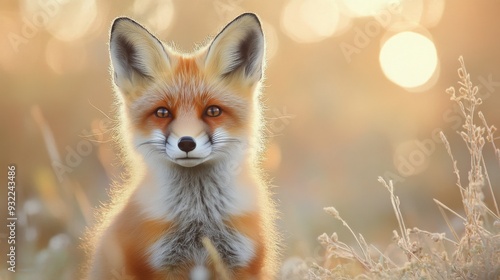 A red fox standing amidst wildflowers in a soft, golden light during early ev...
