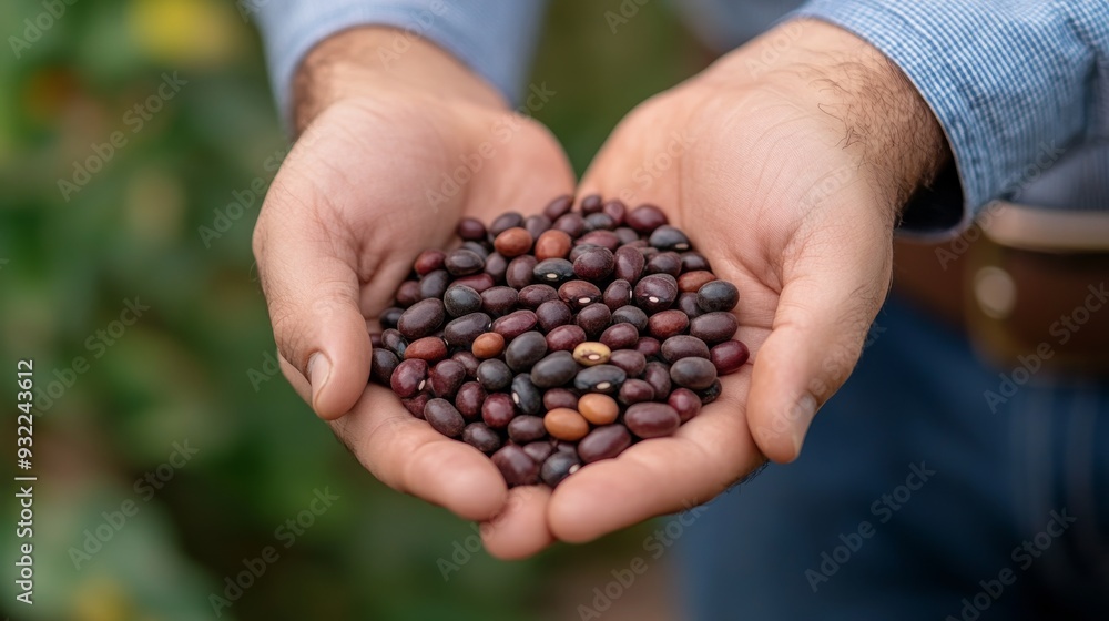 Farmer holding freshly harvested black beans in hands amidst lush green plants Farmer holding freshly harvested black beans in hands amidst lush green plants