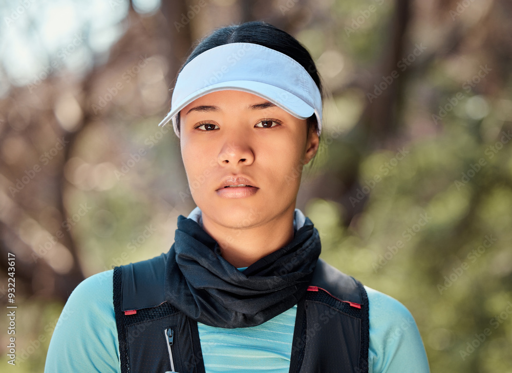 Woman, portrait and mountain for outdoor hike, travel and ready for trekking exercise on adventure. Female person, training and nature for wellness, forest and sports challenge for workout fitness Woman, portrait and mountain for outdoor hike, travel and ready for trekking exercise on adventure. Female person, training and nature for wellness, forest and sports challenge for workout fitness