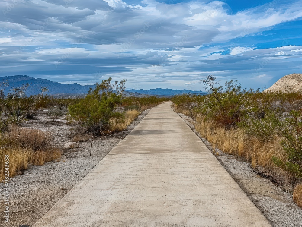 Obraz premium A path in the desert with a mountain in the background, generative ai image