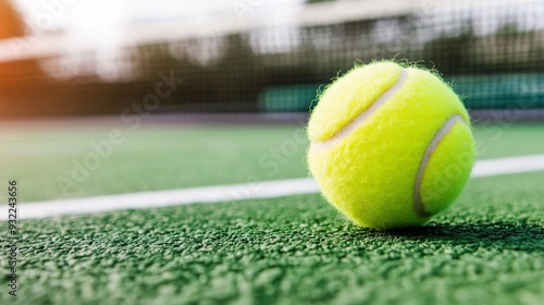 Bright yellow tennis ball resting on a green court near the net in daylight