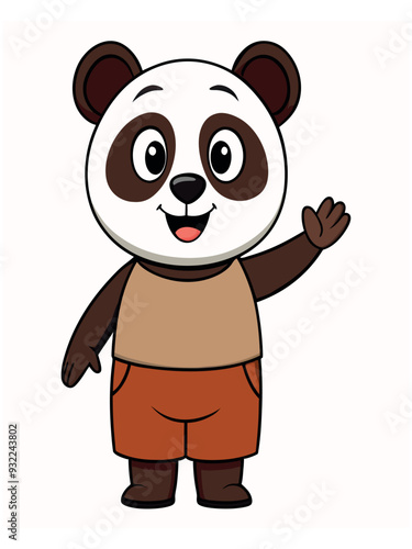 a cute panda wearing brown shorts waving like saying hi