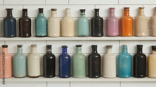 Array of colorful glass bottles arranged in a grid on a neutral background