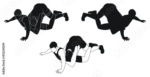 Group of wrestlers in combat attack, Greco Roman wrestling, silhouette set