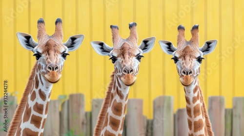 Giraffe stands against a vibrant yellow background in a wildlife exhibit