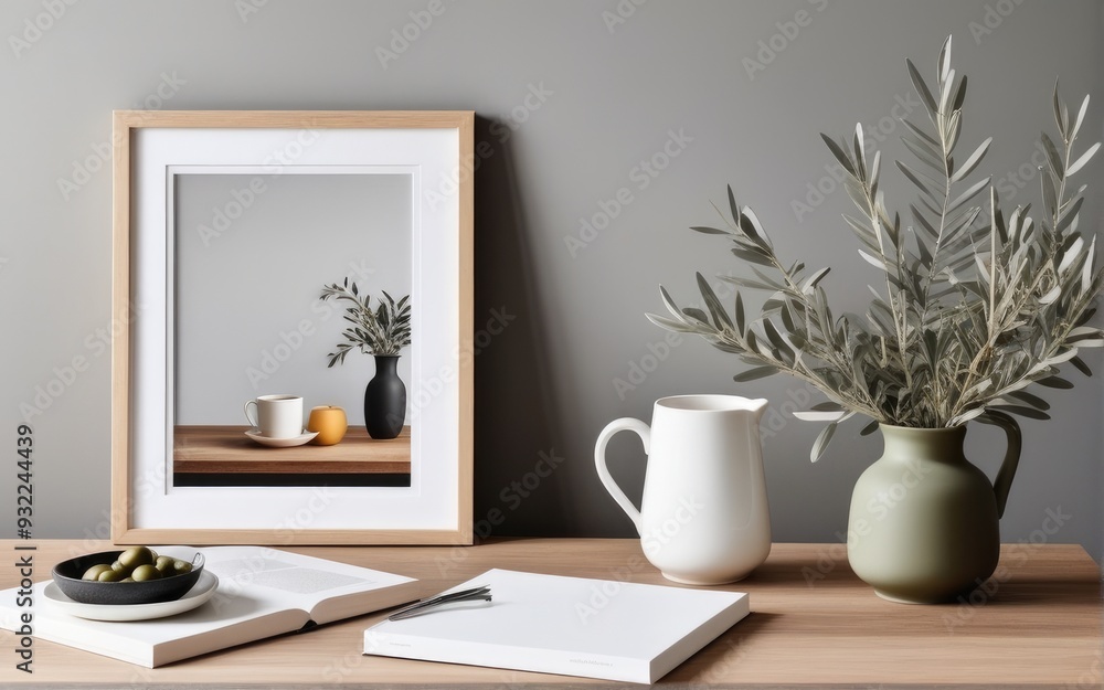 Breakfast still life. Cup of coffee, books and empty picture frame mockup on wooden desk, table. Vase with olive branches. Elegant working space, home office concept. Scandinavian interior design Breakfast still life. Cup of coffee, books and empty picture frame mockup on wooden desk, table. Vase with olive branches. Elegant working space, home office concept. Scandinavian interior design