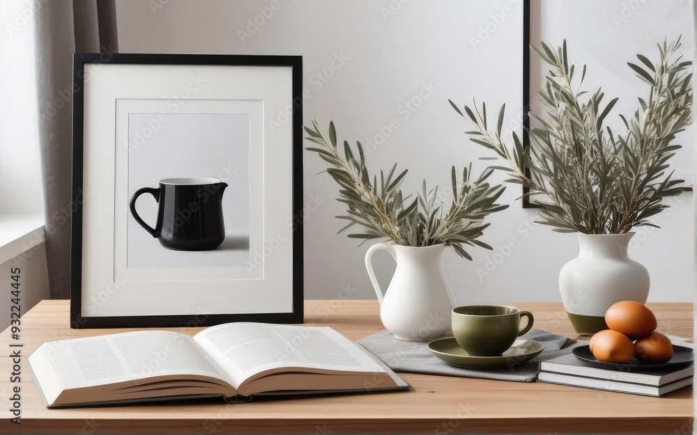 Breakfast still life. Cup of coffee, books and empty picture frame mockup on wooden desk, table. Vase with olive branches. Elegant working space, home office concept. Scandinavian interior design Breakfast still life. Cup of coffee, books and empty picture frame mockup on wooden desk, table. Vase with olive branches. Elegant working space, home office concept. Scandinavian interior design