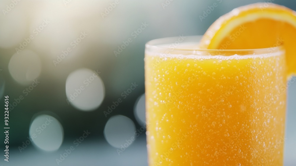 Fresh orange juice with mint served in a glass against a blurred background Fresh orange juice with mint served in a glass against a blurred background