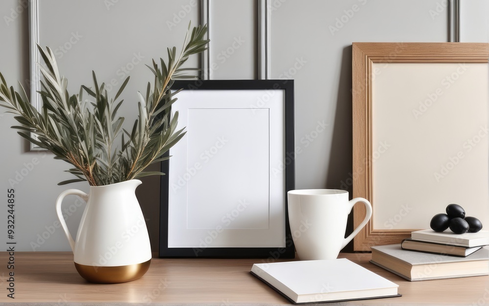 Breakfast still life. Cup of coffee, books and empty picture frame mockup on wooden desk, table. Vase with olive branches. Elegant working space, home office concept. Scandinavian interior design Breakfast still life. Cup of coffee, books and empty picture frame mockup on wooden desk, table. Vase with olive branches. Elegant working space, home office concept. Scandinavian interior design