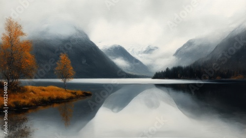 Misty mountains reflected in calm waters at dawn with a serene atmosphere