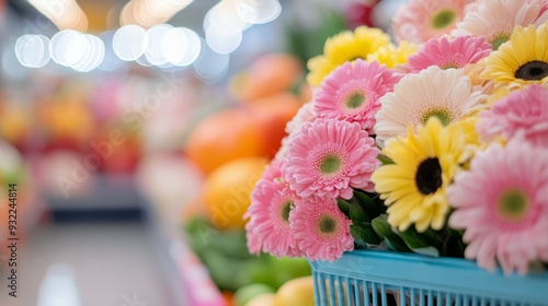 Colorful flowers in a basket at a market filled with fresh produce in the aft...