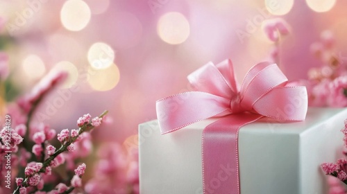 Gift box with pink ribbon surrounded by flowers and bokeh lights in soft past...