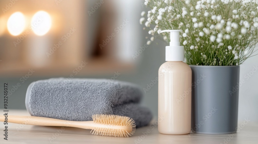 Spa essentials including brush, lotion, and towels on a wooden tray near plants in soft lighting Spa essentials including brush, lotion, and towels on a wooden tray near plants in soft lighting
