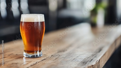 A glass of amber beer on a rustic wooden bar in a cozy pub setting