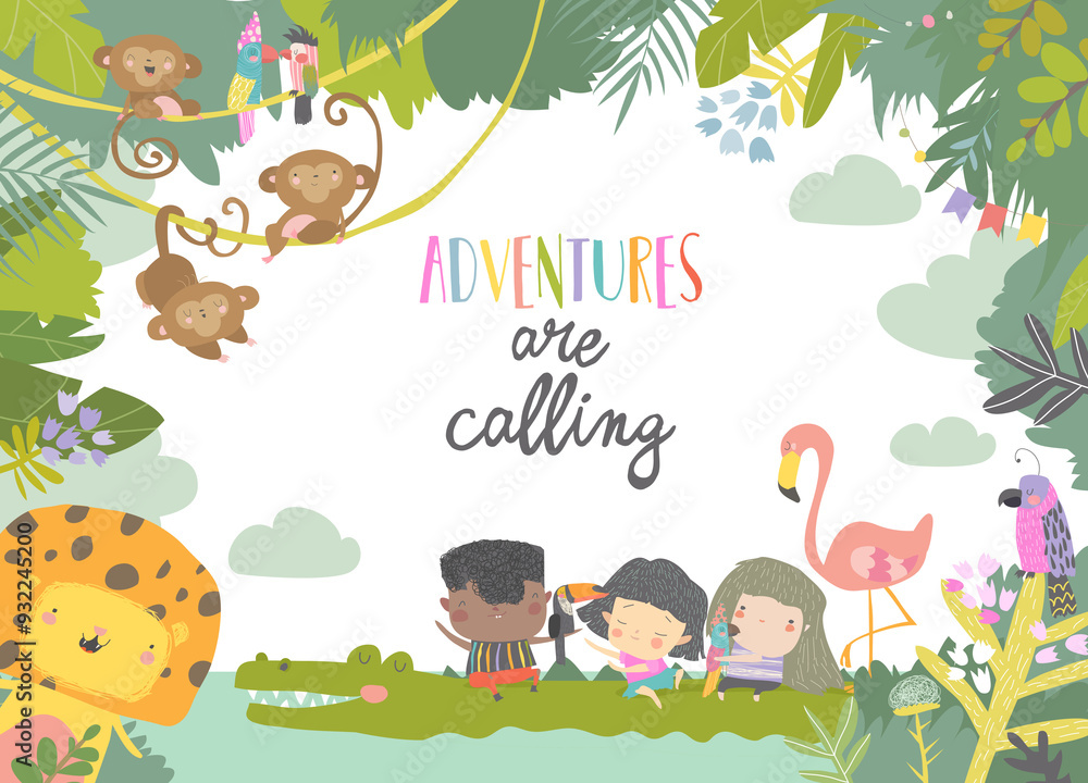 Naklejka premium Cute cartoon kids traveling with animals. Adventures are calling