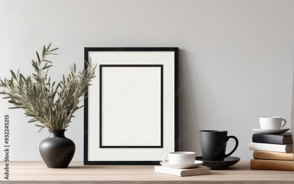 Breakfast still life. Cup of coffee, books and empty picture frame mockup on wooden desk, table. Vase with olive branches. Elegant working space, home office concept. Scandinavian interior design Breakfast still life. Cup of coffee, books and empty picture frame mockup on wooden desk, table. Vase with olive branches. Elegant working space, home office concept. Scandinavian interior design