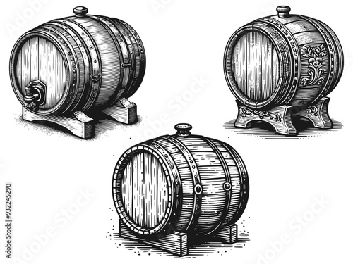 Set detailed illustration of wooden barrels with wheat and flowers. Vector, generative ai.