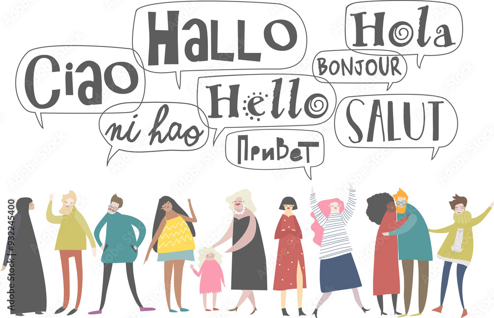 Group of cartoon people talking in different languages Group of cartoon people talking in different languages