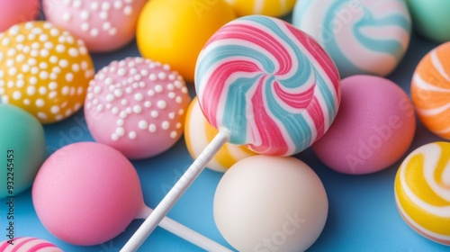 Colorful swirl lollipops with sprinkles against a blurred blue background