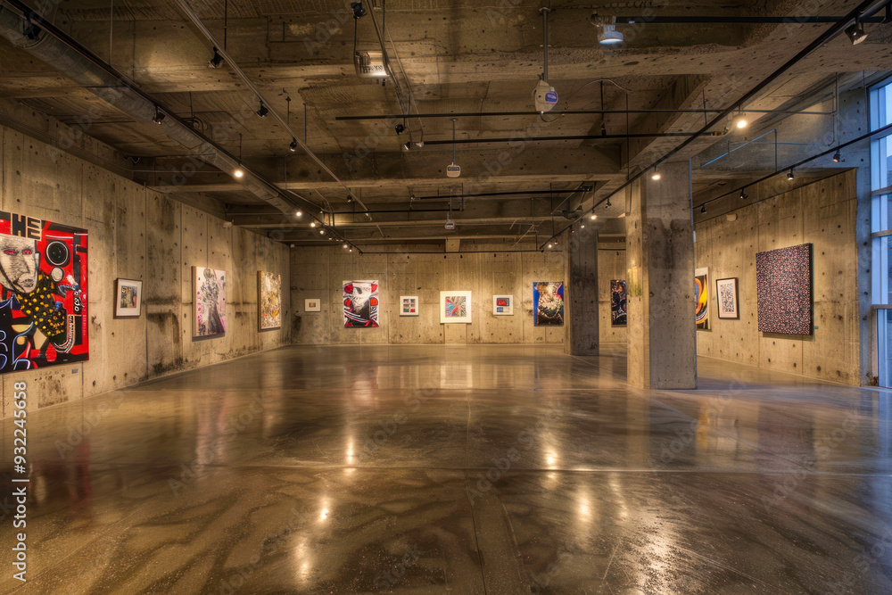 Contemporary art gallery with coarse concrete feature walls Contemporary art gallery with coarse concrete feature walls