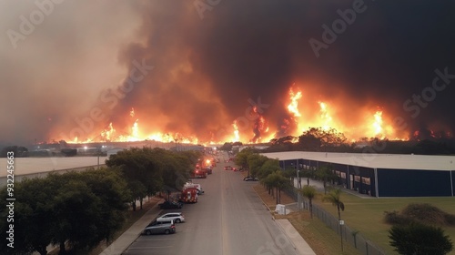 Massive fire engulfs industrial area at sunset, creating dark smoke and flames