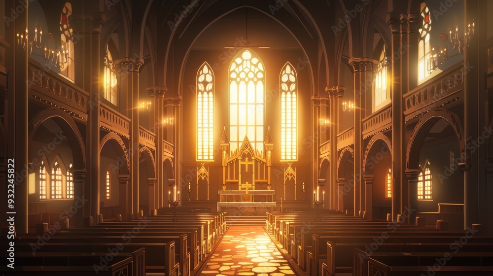 Golden light fills the gothic church, highlighting intricate architecture and creating a serene atmosphere Golden light fills the gothic church, highlighting intricate architecture and creating a serene atmosphere