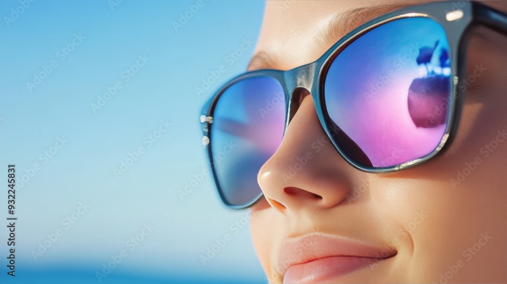 Young woman wearing stylish sunglasses at the beach on a sunny day Young woman wearing stylish sunglasses at the beach on a sunny day