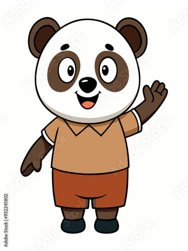 a cute panda wearing brown shorts waving like saying hi