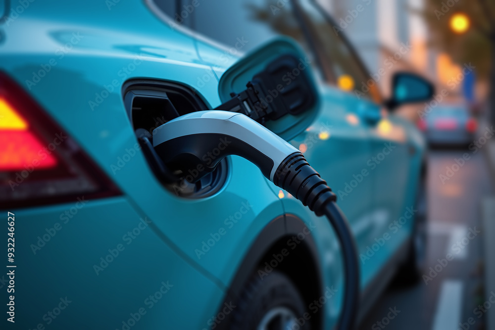 Electric Vehicle Charging Station with Power Cable Plugged In - Green Energy, EV Charging, Blue Power, and Electric Energy in Modern Charging Infrastructure. Electric Vehicle Charging Station with Power Cable Plugged In - Green Energy, EV Charging, Blue Power, and Electric Energy in Modern Charging Infrastructure.