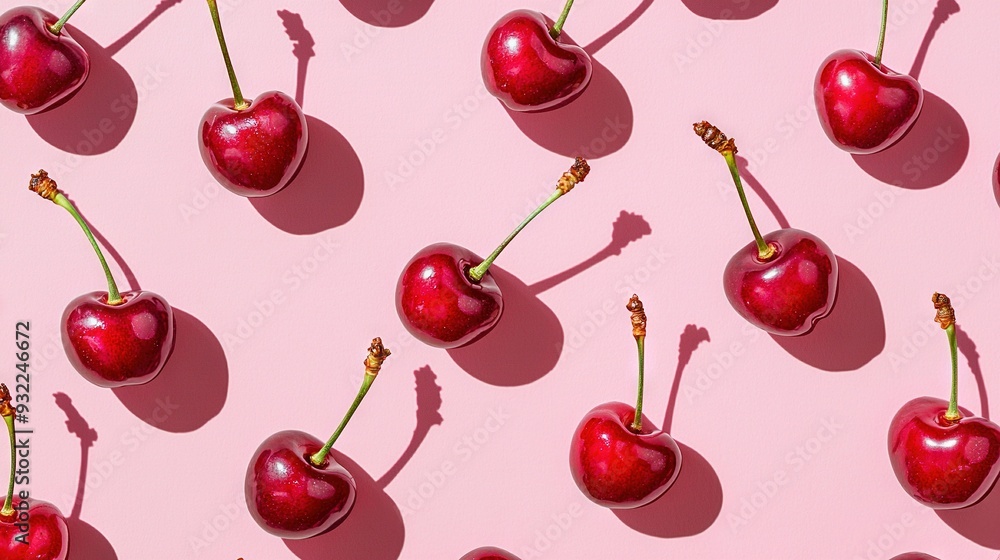 Cherries stacked on pink surface Cherries stacked on pink surface