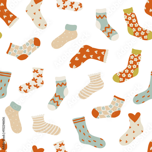 Set of socks seamless pattern. Isolated accessories on a white background. Vector illustration.