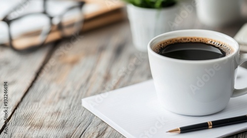 Morning coffee beside notebooks and glasses on a rustic wooden table