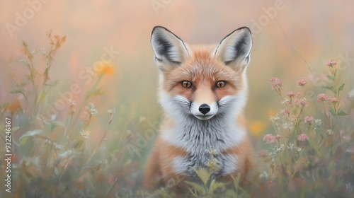 A red fox standing amidst wildflowers in a soft, golden light during early ev...
