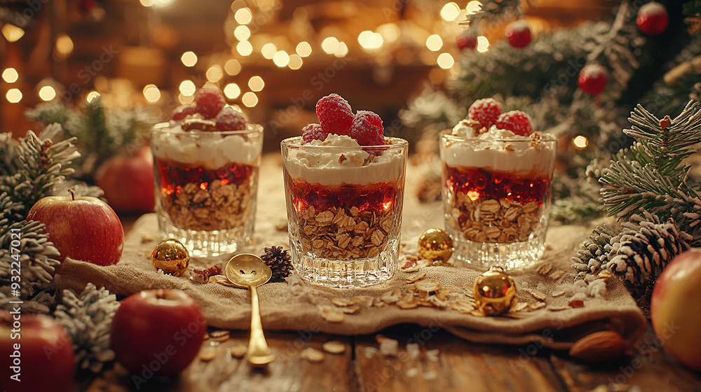 Wooden table, three granola-filled glasses, raspberries, and golden spoon Wooden table, three granola-filled glasses, raspberries, and golden spoon
