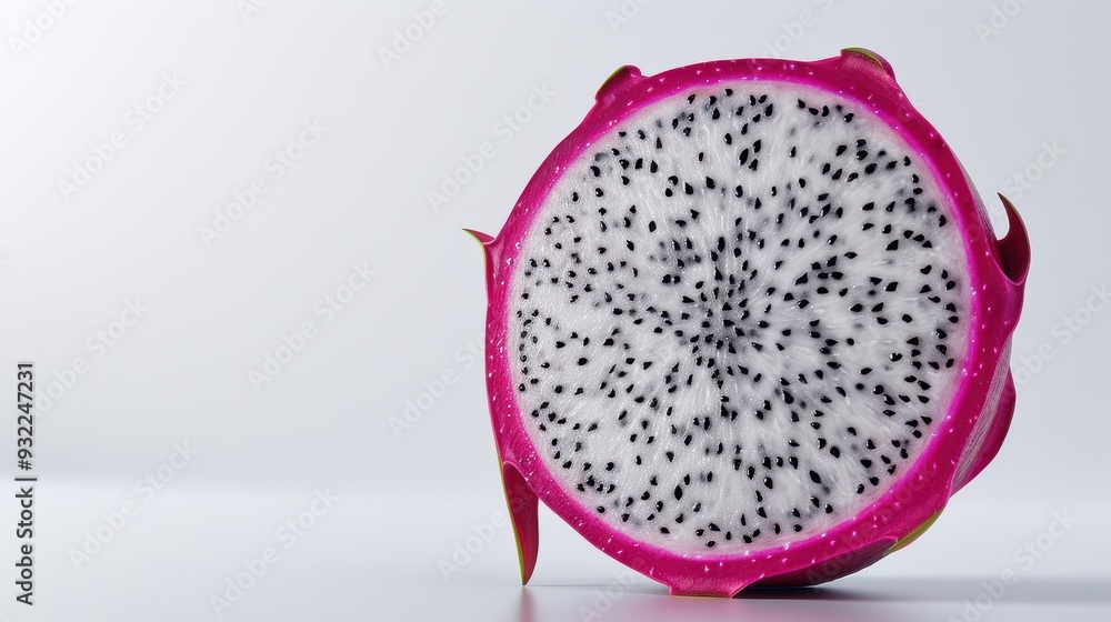 Dragon fruit cut in half is standing upright showing its white flesh and black edible seeds Dragon fruit cut in half is standing upright showing its white flesh and black edible seeds