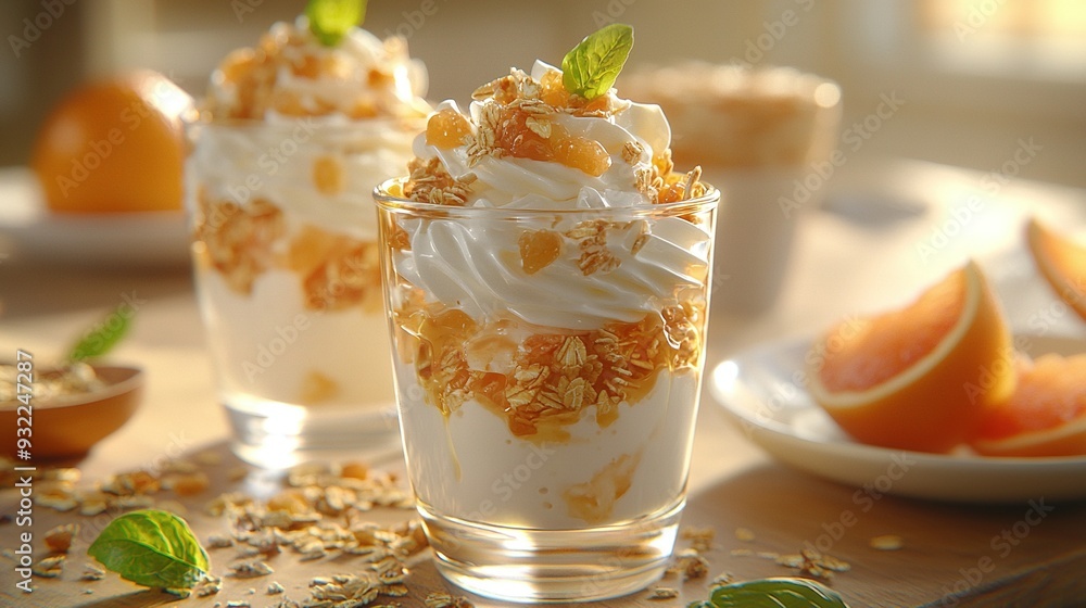 A close-up of a sweet treat in a glass sits on a table next to an orange plate and a granola bowl A close-up of a sweet treat in a glass sits on a table next to an orange plate and a granola bowl