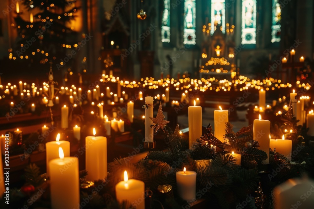 A lit Christmas tree in a church with candles surrounding it, generative ai image A lit Christmas tree in a church with candles surrounding it, generative ai image