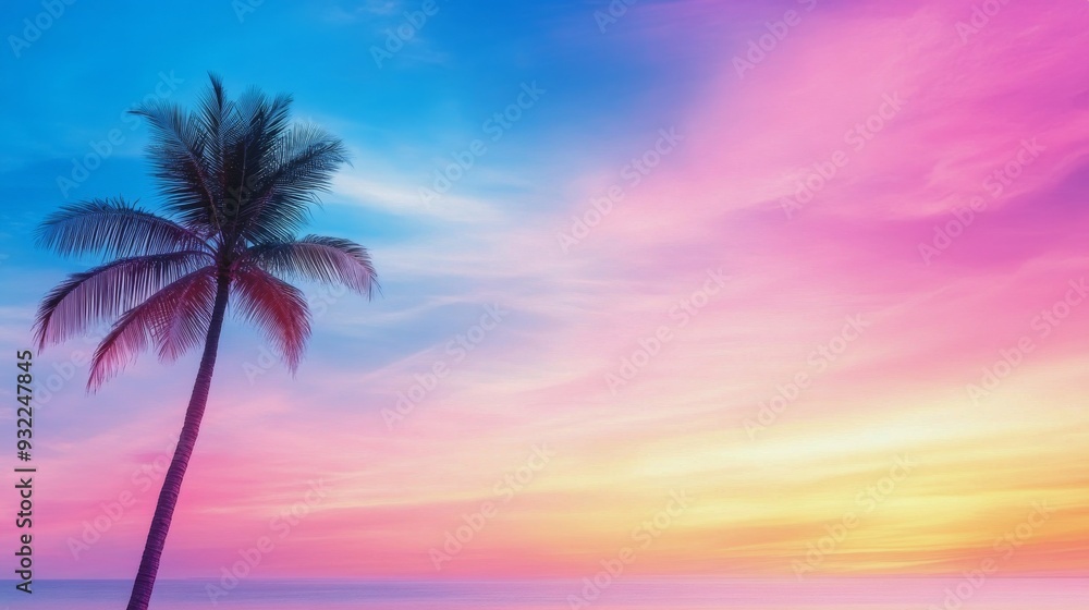 Beautiful sunset over the ocean with a single palm tree on the sandy beach Beautiful sunset over the ocean with a single palm tree on the sandy beach