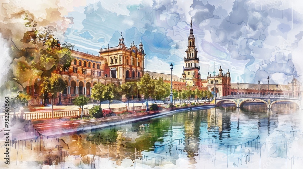 Fototapeta premium View of Seville, Plaza de España. Travel in Spain. Holidays in Andalusia. Horizontal banner, free space for text, watercolor illustration. Postcard from Sevilla. Tourism concept. Andalusian trip